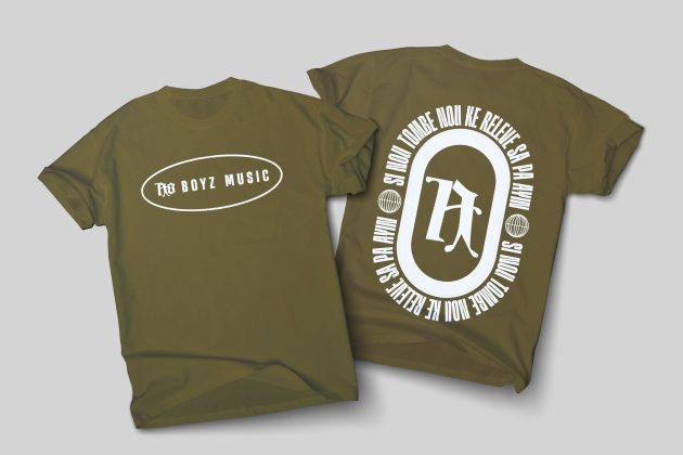 Photos tee-shirts kaki devant et dos avec motif "AB BOYZ Music"